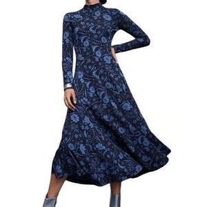 Loft Women's Blue Snowflake Bloom Godet Turtleneck Maxi Dress - Small - $99